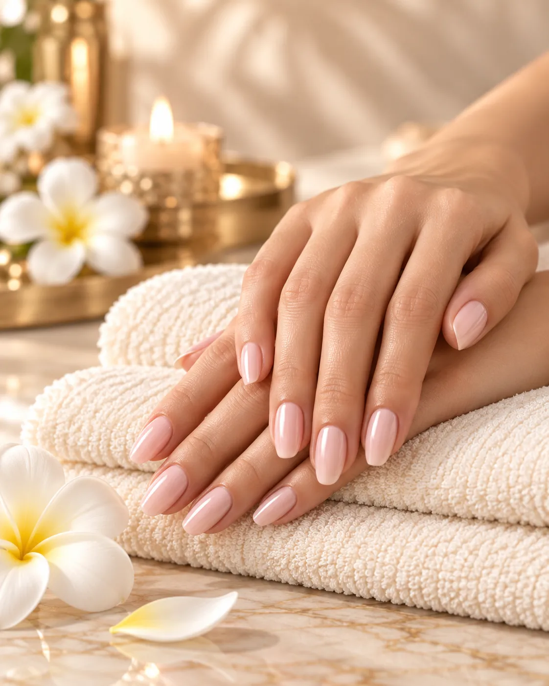 Illustrative close-up of a nude-pink manicure on cream spa towels