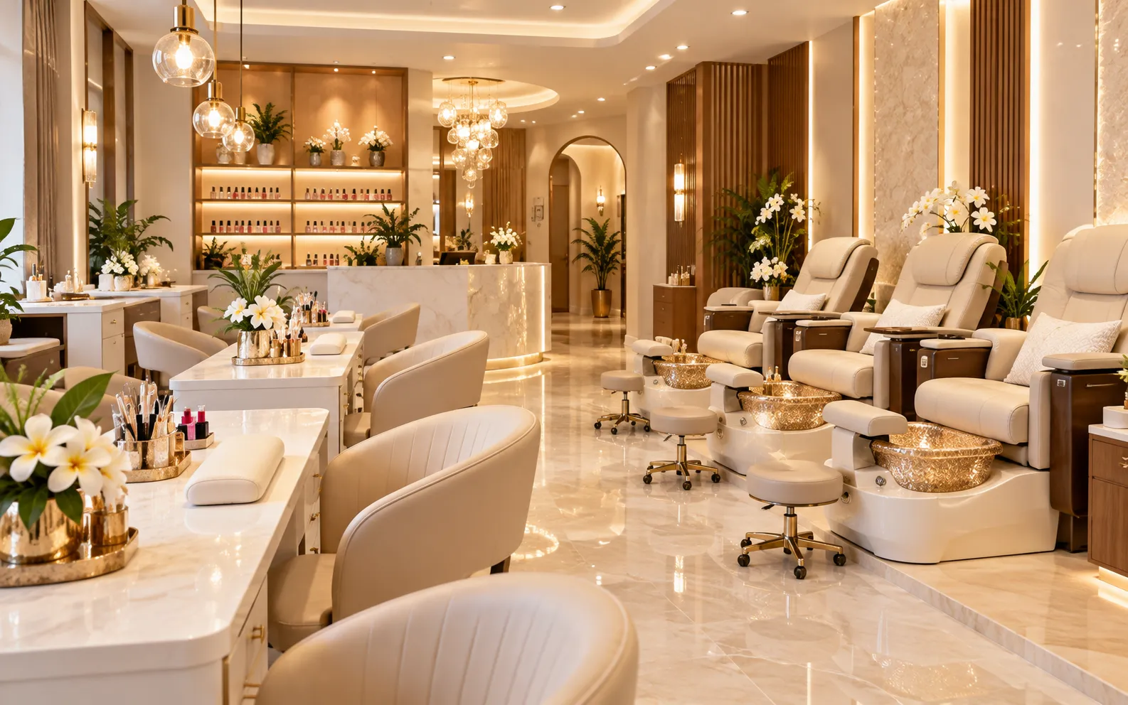 Illustrative nail salon interior concept in warm ivory and champagne tones