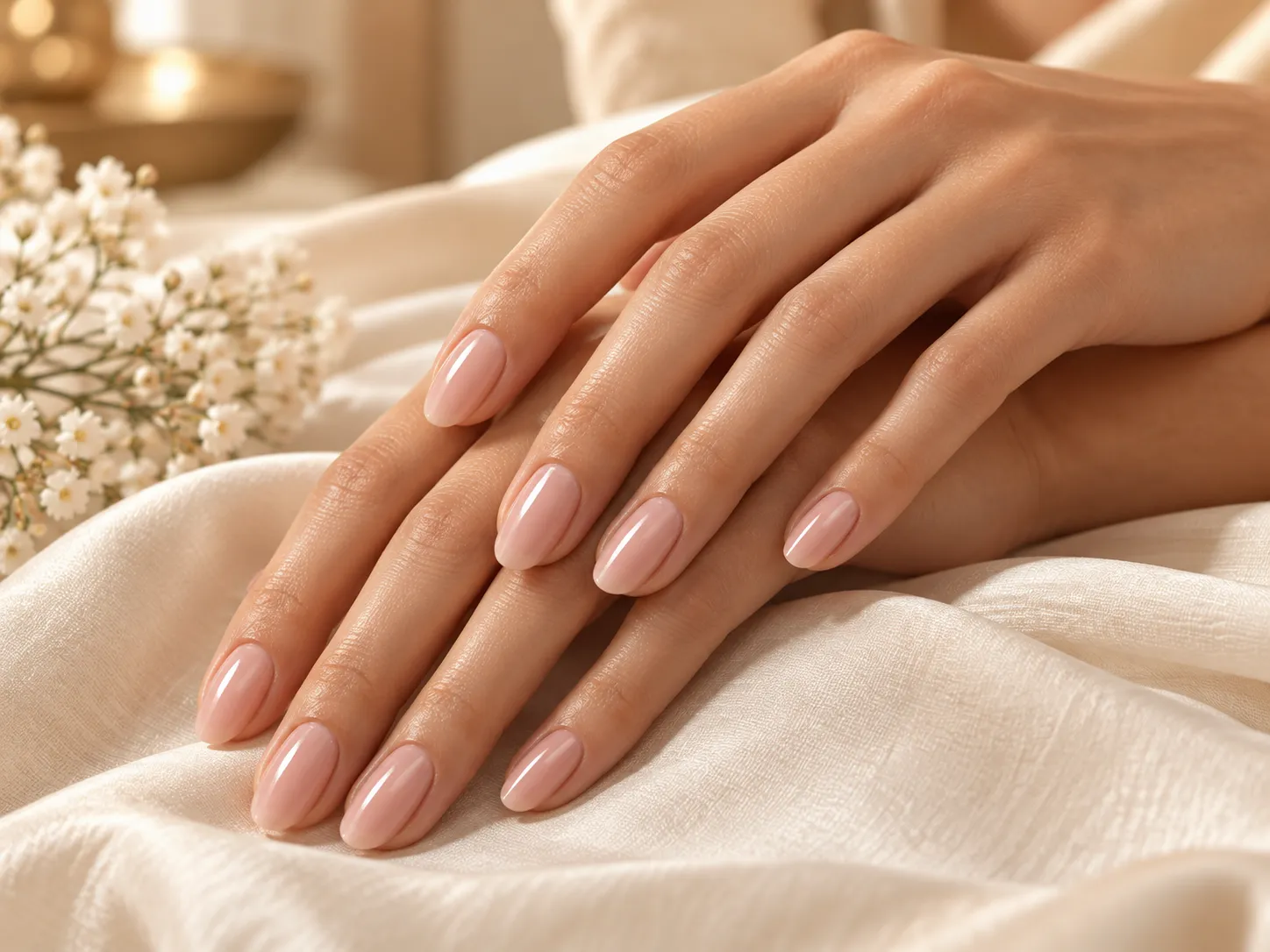 Hands with a neat nude pink manicure
