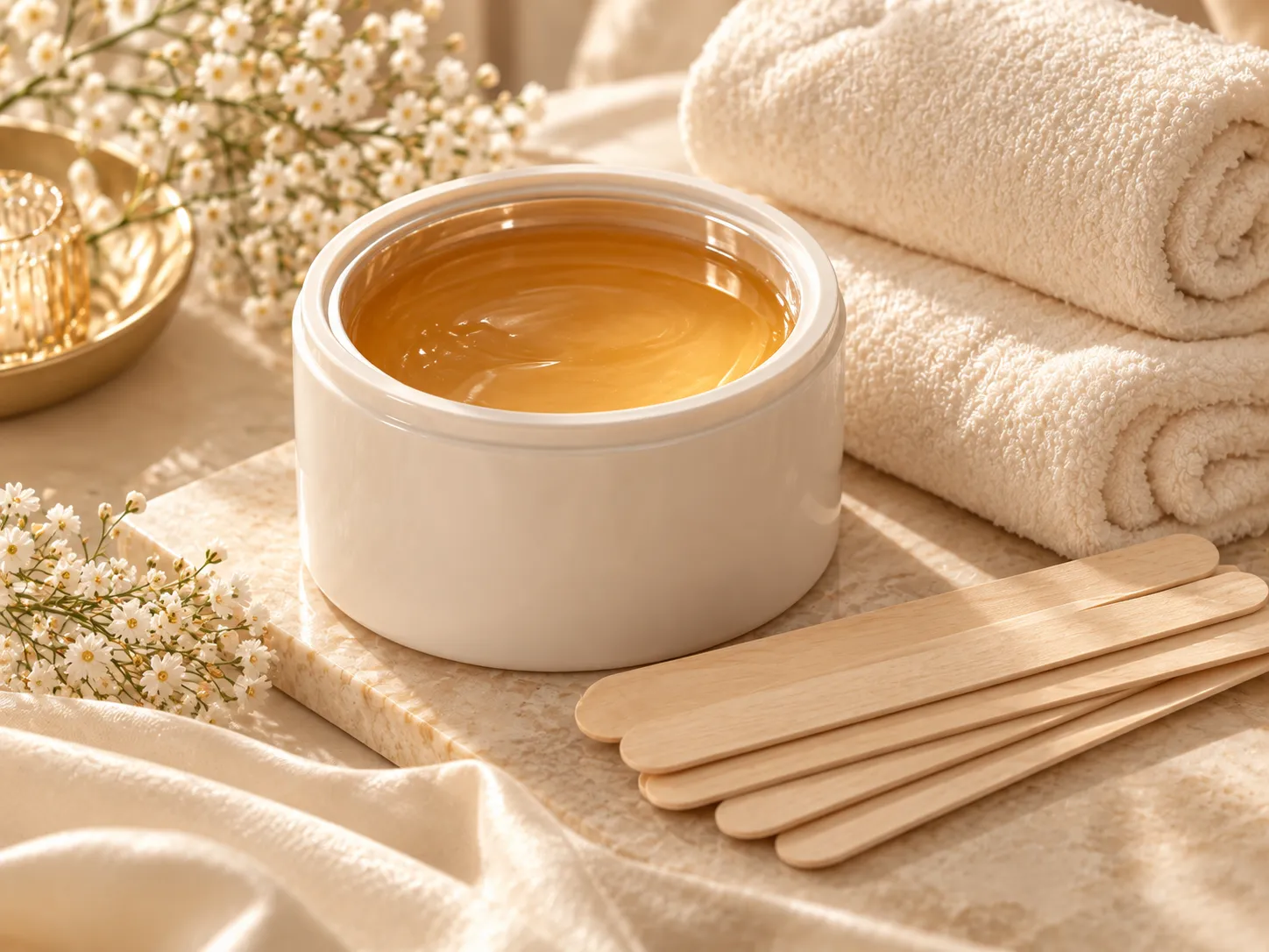 Waxing service still life with towels and tools