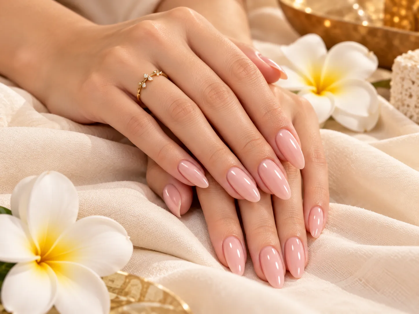 Nude manicure on a neutral fabric backdrop