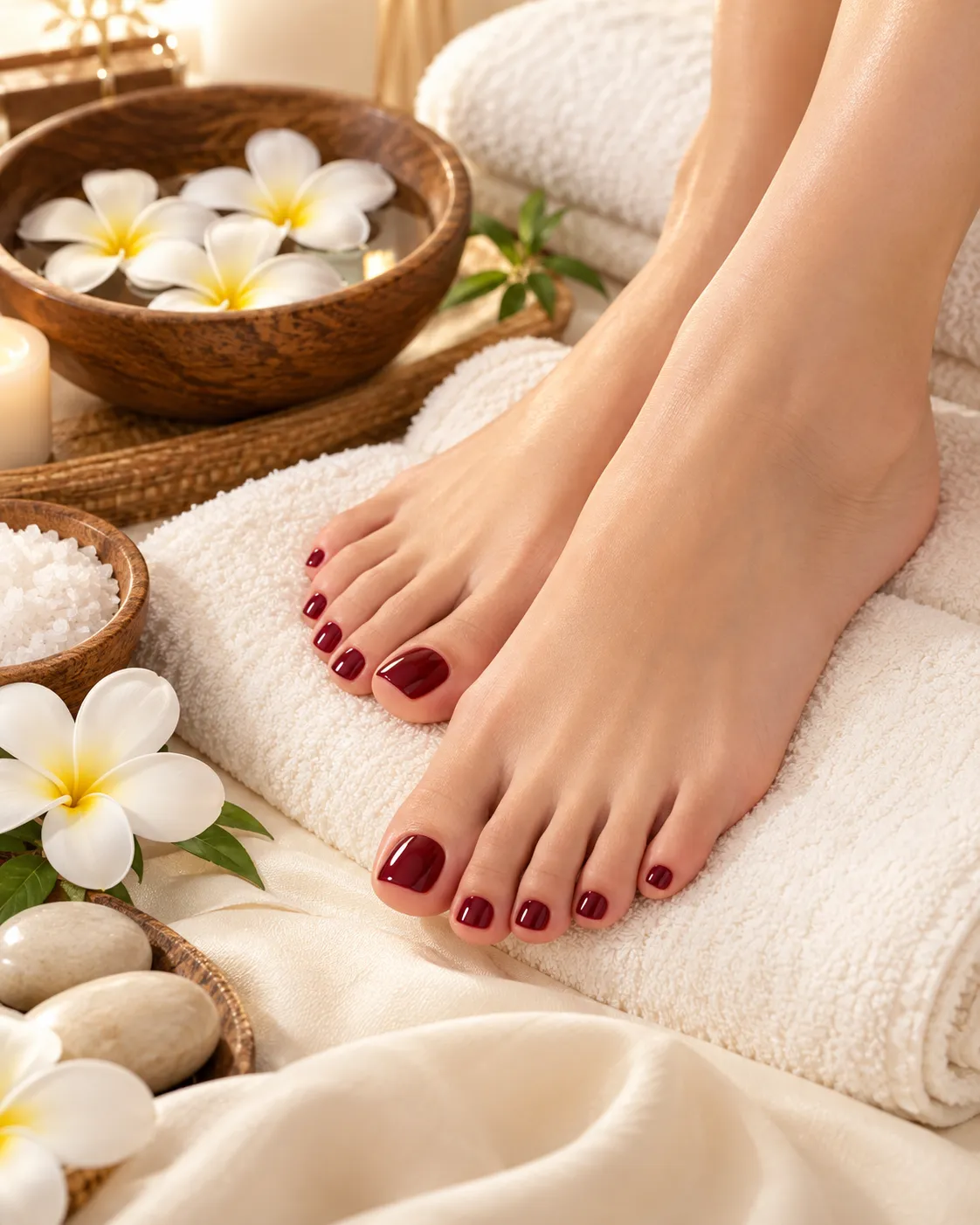 Spa pedicure styling with towels and flowers
