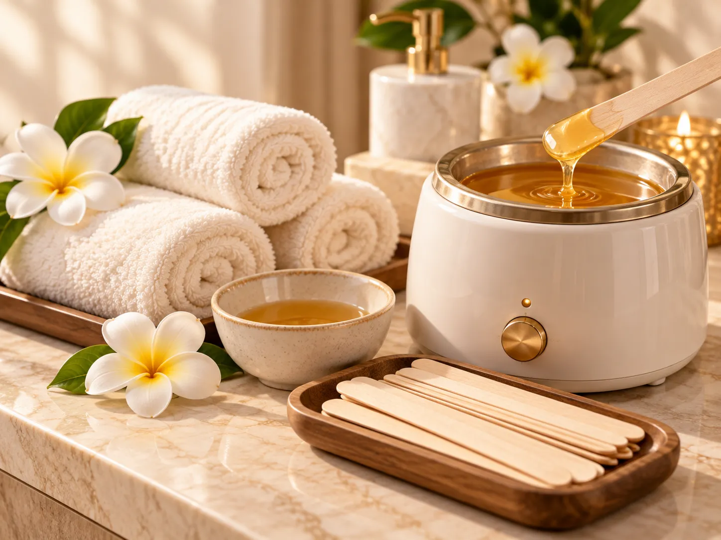 Unbranded waxing supplies and folded spa towels