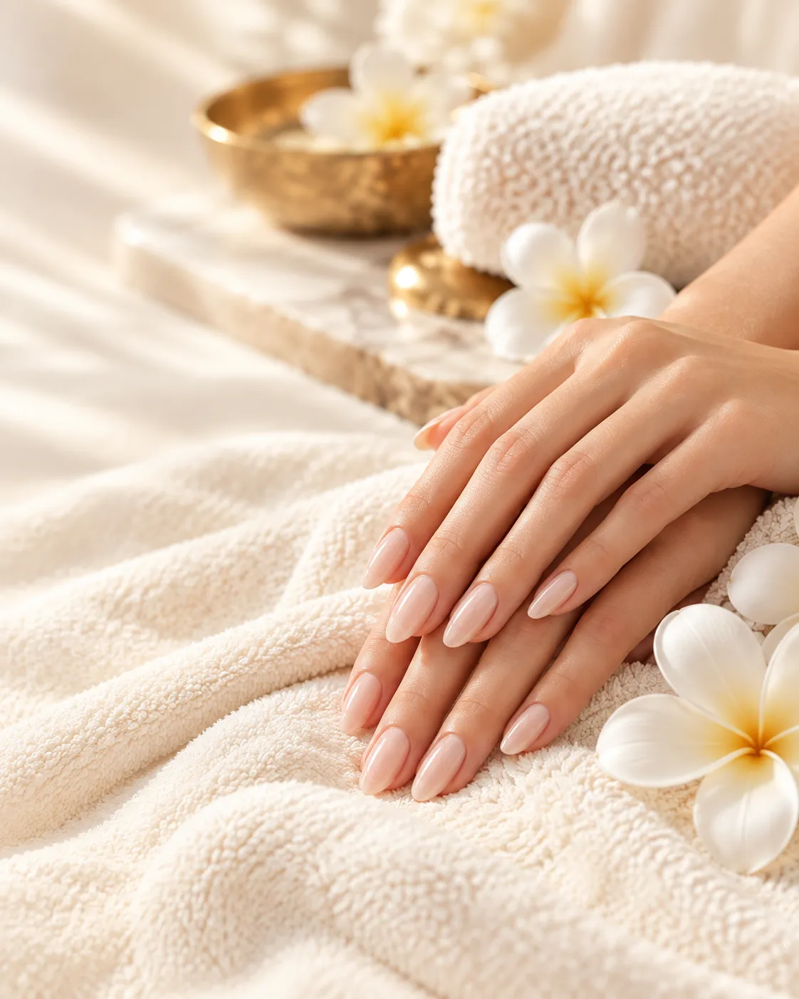 Nude pink manicured hands on cream spa towels